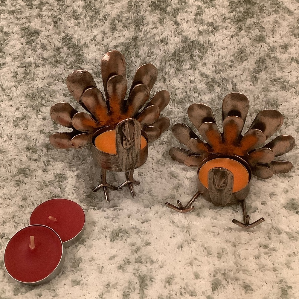 Decorative Thanksgiving Turkey Metal Sculptures Tea Light Holders Candles Set 2